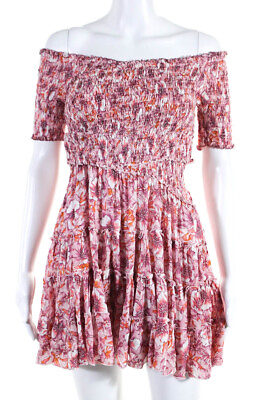 #ad Poupette St. Barth Womens Smocked Floral Sleeveless A Line Dress Pink Size Small $51.84