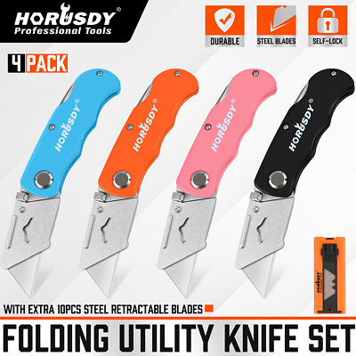 #ad 4pc Folding Utility Knife Set Lockback Safe 10 Blades Quick Change Box Cutter $11.96
