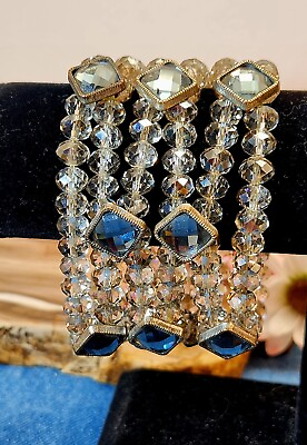 #ad Cuff Bracelet Wide Glass Bead Sparkly Glamour Dressy Stretch Briolette Occasion $24.99