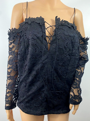 #ad Zenobia Size 1XL Womens Off Shoulder Black Lace Tie Front Sexy Top Club W35 $16.00