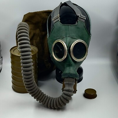 #ad Vintage Cold War Era Rubber Gas Mask with Hose Tank and Carrying Bag $49.87