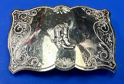 #ad COWBOY BOOTS stamped and engraved to rectangular reflective vintage belt buckle $9.99