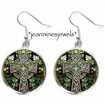 Irish Cross Earrings Faux Stained Glass Celtic ART PRINT Silver Charm Dangle $21.99