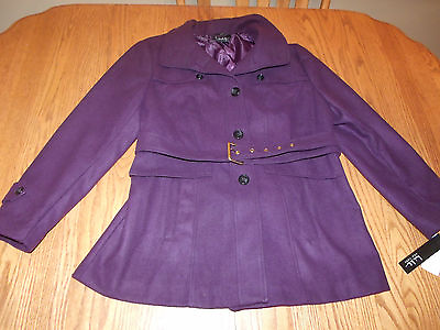 #ad Nwt Womens Nicole Miller Peacoat Coat Dark Purple Small S Faux Wool Belted $34.95