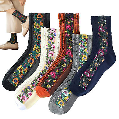 #ad 5 Pairs Embroidered Floral Vintage Winter Cute Cotton Socks For Women Ladies $11.51