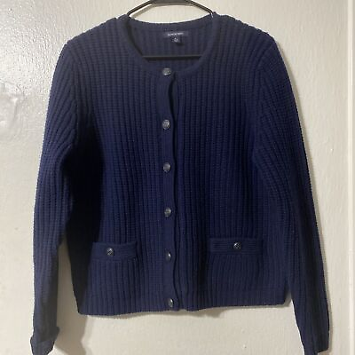 #ad Lands#x27; End Waffle Knit Cardigan Sweater Womens Large Blue 100% Wool Quiet Luxury $22.89