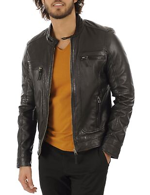 #ad New Leather Jacket Mens Biker Motorcycle Real Leather Coat Slim Fit #574 $118.00