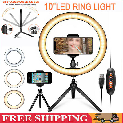 #ad LED Dimmable Desk Makeup Ring Light 10quot; with Tripod Stand amp; Phone Holder $11.99