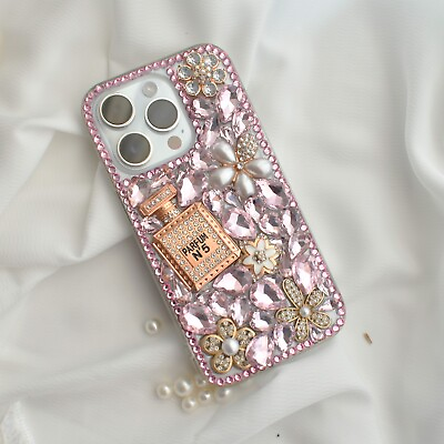 #ad Pink Crystal Encrusted Silicone iPhone case with Perfume bottle iPhone 13 14 $16.99