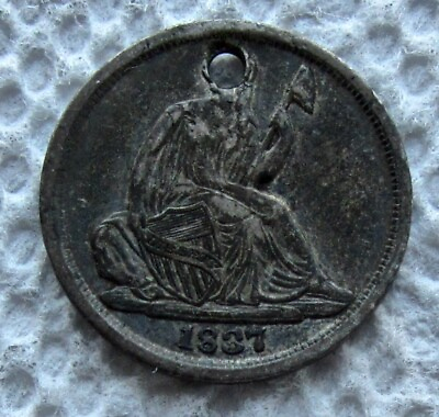 #ad 1837 No Stars Seated Liberty Silver Half Dime Rare Date XF Detail Holed Filler $78.95