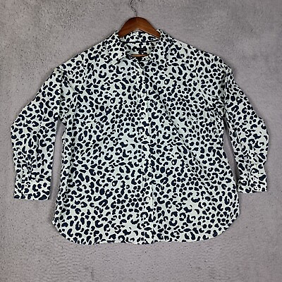 #ad Talbots Button Up Shirt Women#x27;s 2X Plus Green Blue Leopard Print Long Sleeve Top $22.99