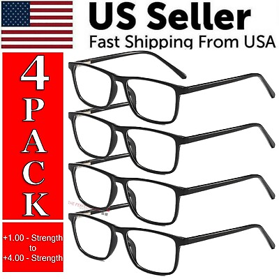 #ad Reading Glasses Mens Womens Unisex Readers Eyeglasses 4 Pack Glasses New Square $7.49