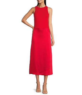 #ad HUGO BOSS Flaurelia Mixed Media Crew Neck Sleeveless Red Dress 2XL 398.00 $98.00