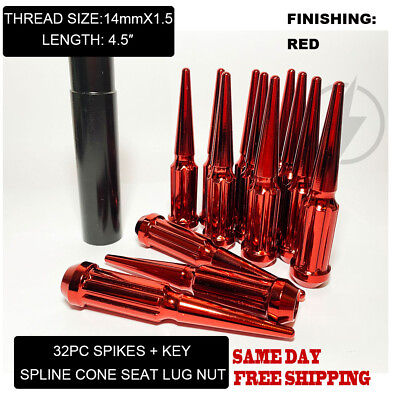 #ad FIT FORD EXCURSION F250 350 SUPER DUTY SPIKE LUG NUT 4.5’’14x1.5 RED 32PC $85.99