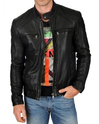 #ad New Leather Jacket Mens Biker Motorcycle Real Leather Coat Slim Fit Black #14 $118.00