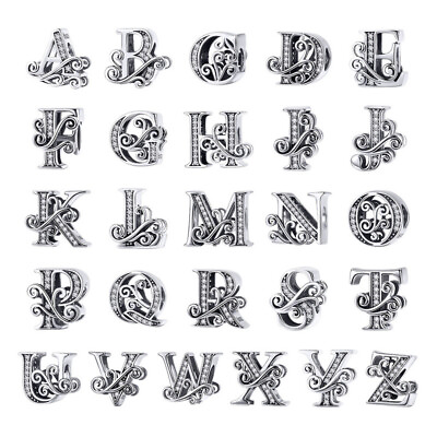 #ad Free 26 letters European Silver CZ Charm Beads Fit sterling 925 Bracelets Chain $7.20