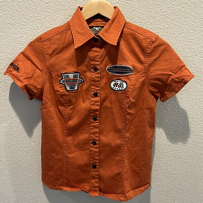 #ad Women#x27; Harley Davidson Motorcycles Orange Button Up Biker Shirt Patches Sz XS $9.99
