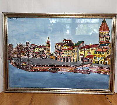 #ad EMERIK FEJES Serbian Naive Art Framed Original Gouache on Paper Trogir Croatia $1040.00