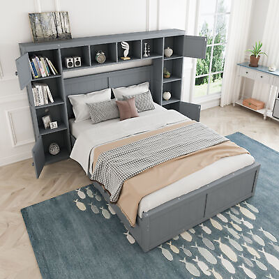 #ad Full Size Platform Bed with 4 Storage Drawers All in One Cabinet and Shelves $687.79