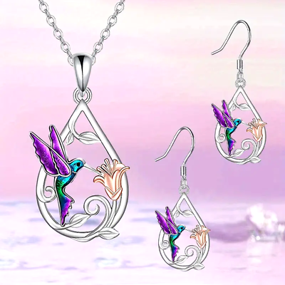 #ad 3 PCS Set Waterdrop Earrings Pendant Necklace Hummingbird Flower Jewelry Fashion $13.98