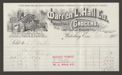 #ad 75164 1909 BILL HEAD WARREN L. HALL Co. WHOLESALE GROCERS WATERBURY CONN. $20.00