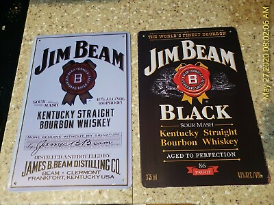 #ad Jim Beam Sign White Jim Beam Whiskey Tin Sign Bourbon Metal Art Black Garage $11.95