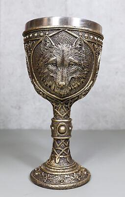 #ad Faux Bronze Alpha Gray Wolf Celtic Tribal Knotwork Wine Chalice Goblet Cup $25.99