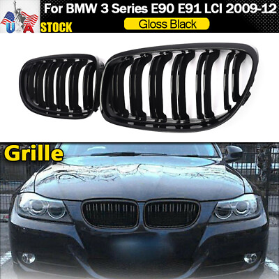 #ad For 2009 11 BMW E90 E91 LCI 325i 328i Front Kidney Dual Slats Grille Gloss Black $27.35