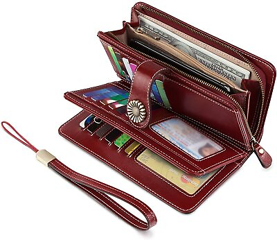 #ad UMODE Womens Wallet Vintage Genuine Leather Trifold Large RFID Blocking Zipper W $51.60