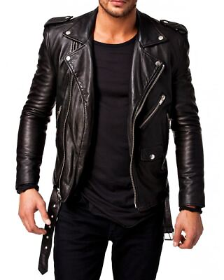#ad New Leather Jacket Mens Biker Motorcycle Real Leather Coat Slim Fit Black #58 $118.00