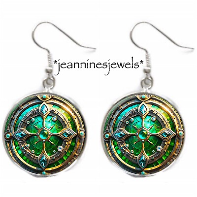 #ad Irish Shield Earrings Faux Stained Glass Celtic ART PRINT Silver Charm Dangle $21.99