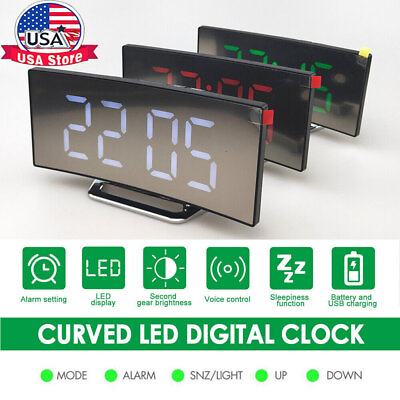 #ad Electric Digital Alarm Clock LED Electronic Voice Control Table Clocks Curved $12.59