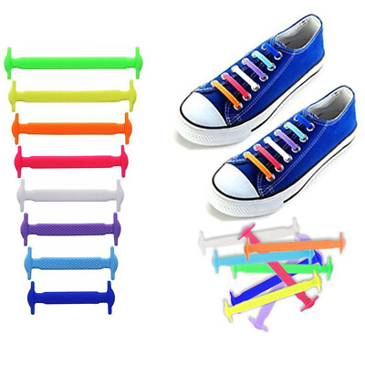 #ad 16Pcs Easy No Tie Shoelaces Elastic Silicone Flat Lazy Shoe Lace Strings $2.08