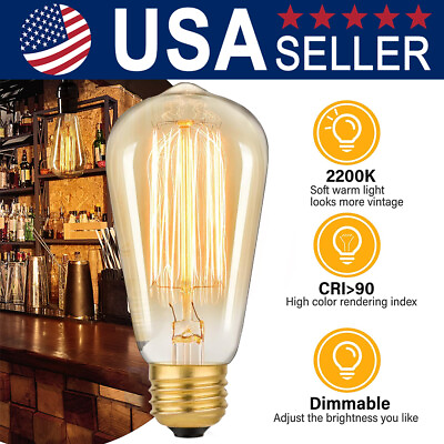 #ad 1 3 6 Pack ST58 E26 Vintage Edison Bulb 40W 60W Filament Light Bulb 2200K US $6.99