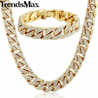 #ad #ad 14mm Miami Curb Cuban Yellow Gold Filled Necklace Bracelet Set Men Chain Jewelry $36.79