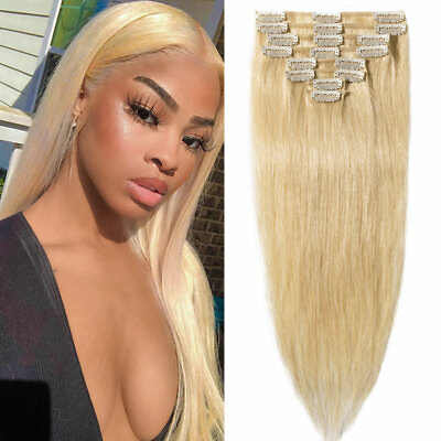 #ad CLEARANCE 100% Human Hair Seamless Clip in Remy Hair Extensions Full Head Blonde $22.56