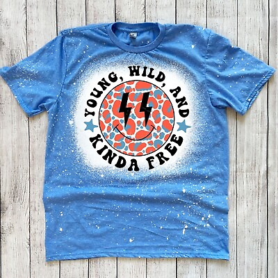 #ad Women#x27;s Young Wild Kinda Free Blue Bleached Short Sleeve Graphic Tee Shirt $24.00