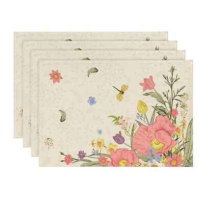 #ad Set of 4 Poppy Wildflowers Spring Placemats Seasonal Summer Dragonfly Table Mats $9.87