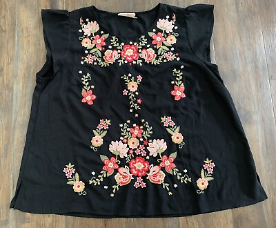 #ad Savanna Jane Embroidered Floral Tunic Top Blouse Boho Black Short Sleeve Plus 2X $31.99