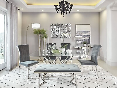 #ad ON SALE Modern Chrome Finish Dining Glass Top Table amp; Gray Chairs Bench Set IC7P $1798.86