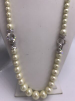 #ad $125 Carolee 32quot; glass graduated pearl necklace silver pave links signed XX326 $32.00