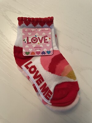 #ad New 2 Pairs Girls 2T 4T Valentines Day Socks Love Me Pink Heart Red Crew NIP $4.99