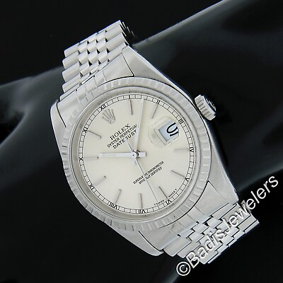 #ad 1989 Rolex Datejust Jubilee Engine Turned Bezel Silver Dial 36mm Watch Ref 16220 $5560.00