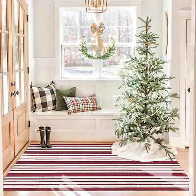 #ad Striped Outdoor Rug 4X6 Ft Red and White Front Door Rug Hand Woven Area Rug Wash $67.64