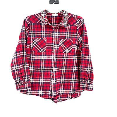 #ad Dress Barn Flannel Shirt Coastal Cowgirl Jewel Collar Top Women 1X Red Plaid $15.99