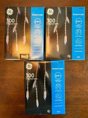 #ad 3 boxes GE Icicle Style Lights String A Long 300 ct blue white wire NEW $39.99