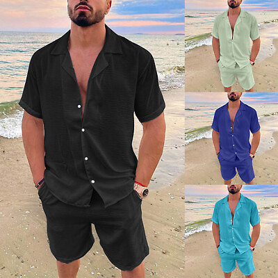 #ad Men#x27;s 2 Piece Short Sets Casual utton Down Shirt Shorts Set Summer Beach Outfits $27.88
