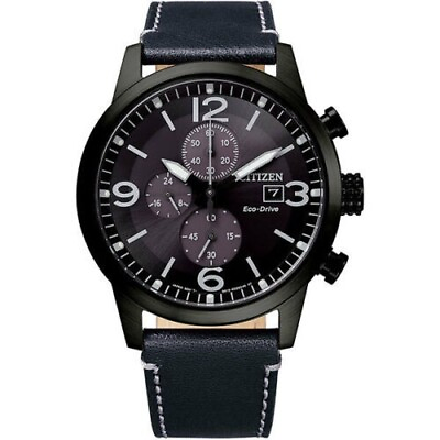 #ad #ad Citizen Men#x27;s Eco Drive Black Chronograph Calendar Leather Watch 43MM CA0745 29E $109.99