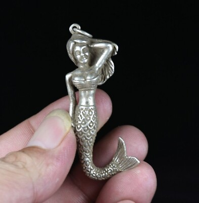 #ad 6CM Rare Old Chinese Miao Silver Feng Shui Mermaid Belle Lucky Pendant $16.99