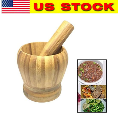 #ad Bamboo Mortar and Pestle Set for Grinding and Crushing Garlic Herb Pill New $12.99